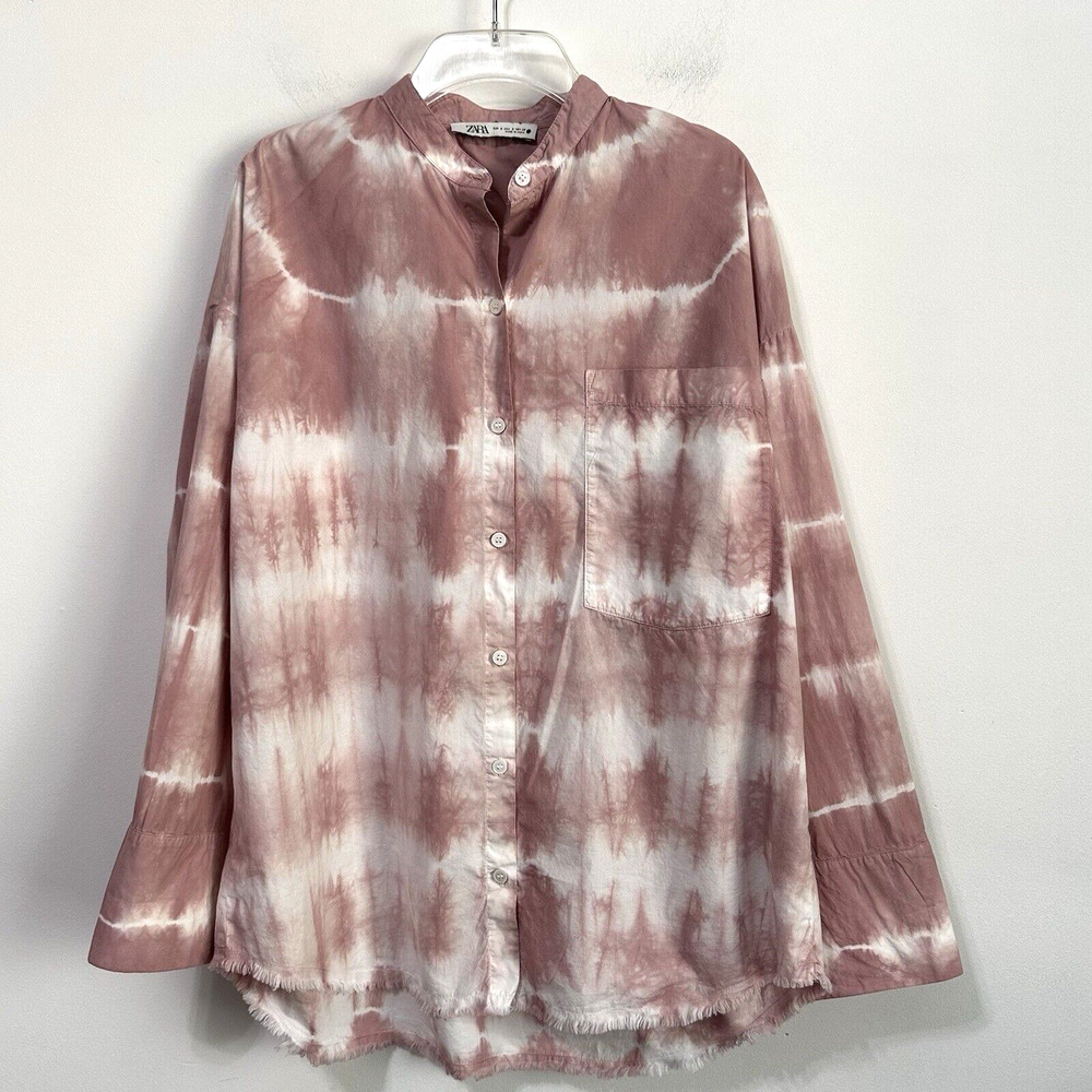 Zara Tie‎ Dye Shirt Blouse S Pink White OVERSIZED Button Front Pocket Frayed Hem